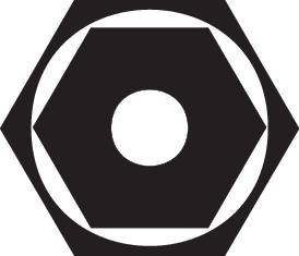 Ett svart-vitt grafiskt mönster som visar en sexkantig ram med en central cirkel och ett inneliggande sexhörning.