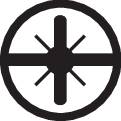 En svart symbol med en cirkel, en vertikal linje och tre korta linjer som möts i mitten.