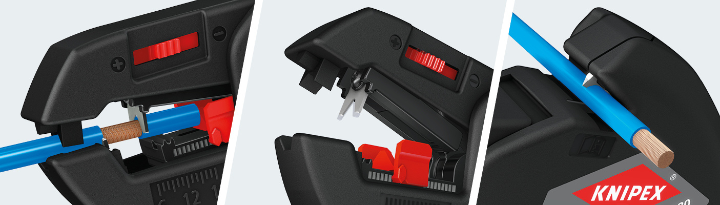 Tři detailní záběry odizolovacího pásku Knipex ComStrip zobrazující proces odizolování modrého drátu.