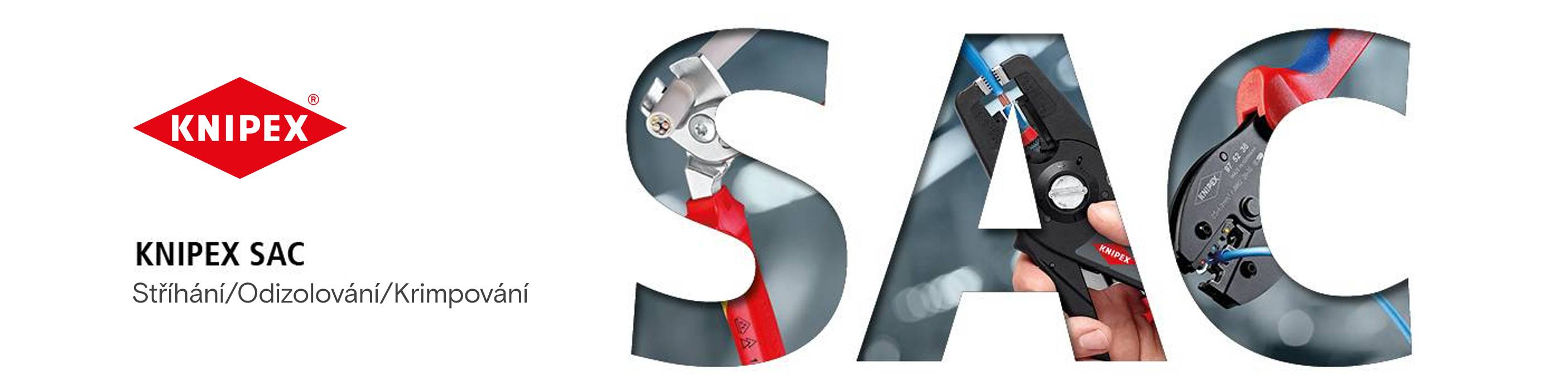 Banner pro Knipex SAC s textem „Stříhání/Odizolování/Krimpování“. Písmena „SAC“ obsahují obrázky nářadí Knipex v akci.
