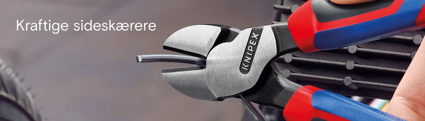 Et nærbillede af Knipex kraftige sideskærere, der skærer et stykke metaltråd. Teksten lyder: "Kraftig sideskærer".