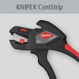 En Knipex ComStrip, et sort og rødt værktøj til afisolering af kabler.