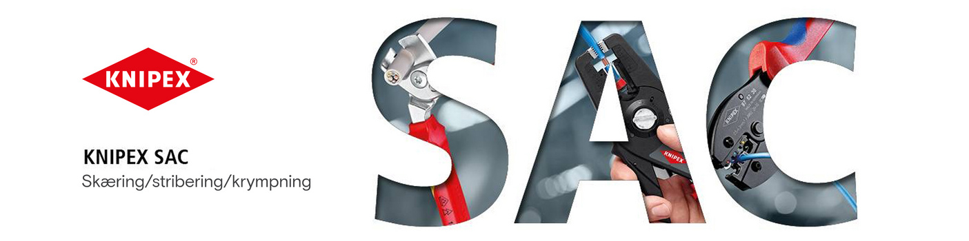 Et banner for Knipex SAC med teksten "Cutting/Stripping/Crimping". Bogstaverne "SAC" indeholder billeder af Knipex-værktøjer i aktion.