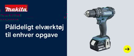 Et banner med teksten "Pålideligt elværktøj til enhver opgave" og en turkis og sort Makita 18V akku boremaskine.