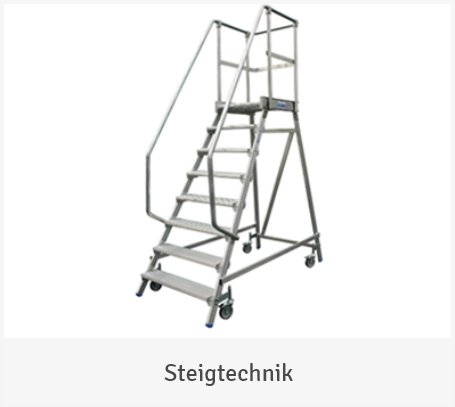 Eine fahrbare Aluminium-Plattformleiter mit Handläufen, Sicherheitsgeländer und vier Rollen auf weißem Hintergrund mit der Unterschrift „Steigtechnik“.