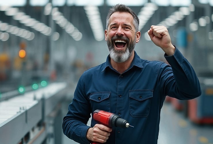 Lachender Mann mit Akkuschrauber steht in einer Produktionshalle.