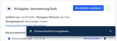Bestätigung Rücksendeetikett hochgeladen