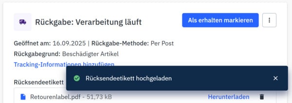 Bestätigung Rücksendeetikett hochgeladen Bestätigung Rücksendeetikett hochgeladen