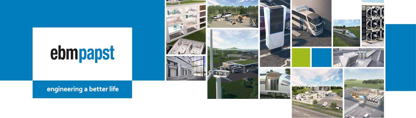 Eine Collage aus verschiedenen Anwendungsbeispielen für ebm-papst Technologie, darunter Gebäude, Verkehrsmittel und Infrastruktur, mit dem Firmenlogo und dem Slogan "engineering a better life".