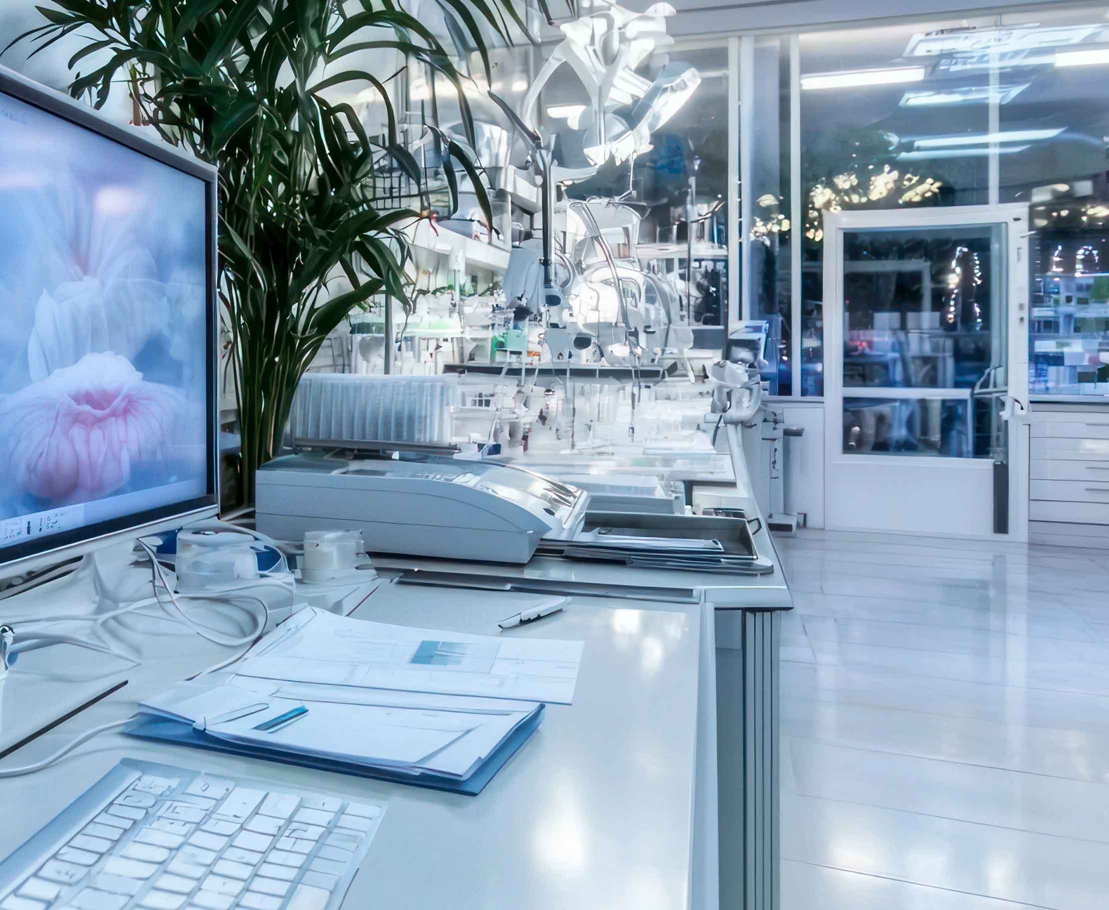 modernes medizinisches Labor aus Forschung und Wissenschaft mit Fokus auf einen Desktop-Arbeitsplatz