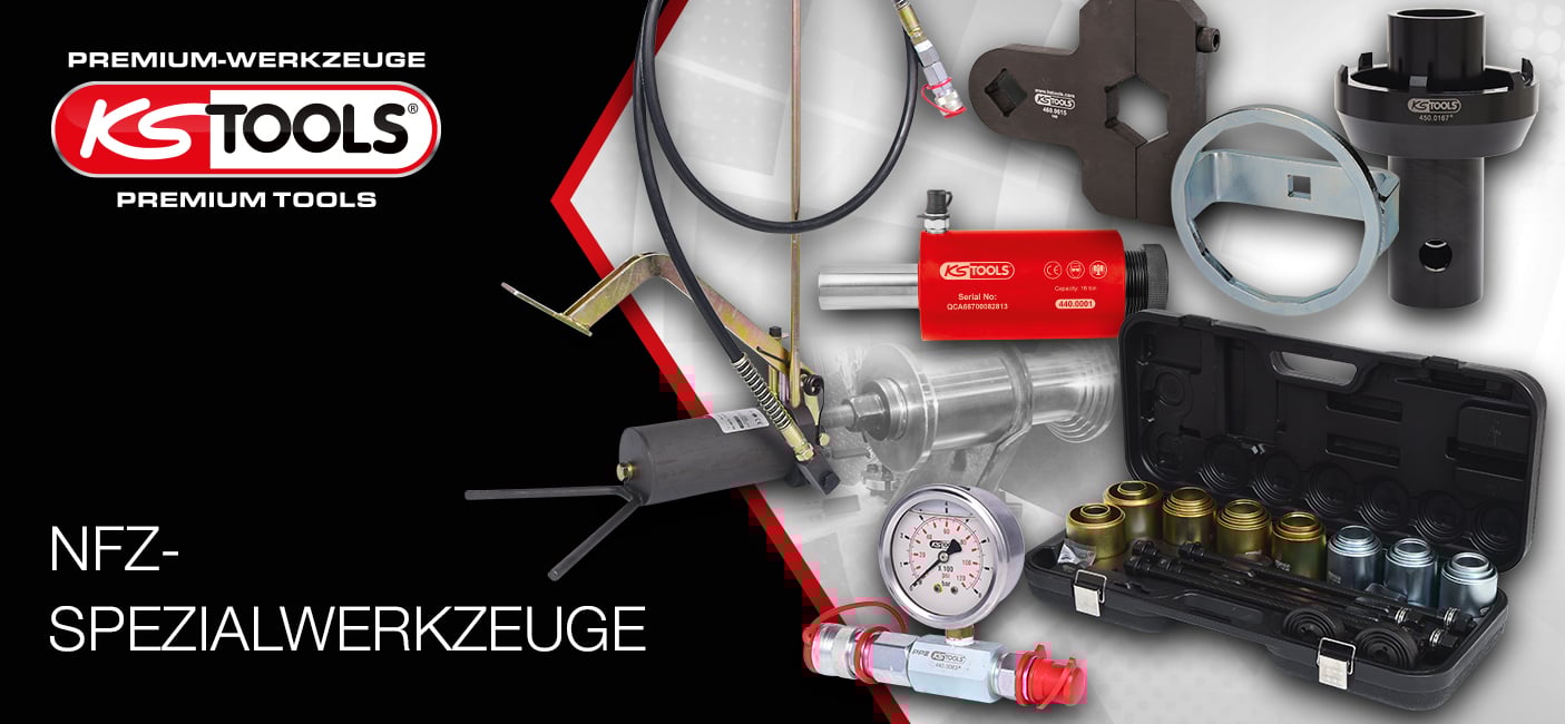 Banner für KS Tools NFZ-Spezialwerkzeuge mit Profi-Equipment für Nutzfahrzeuge, darunter hydraulische Zylinder, Manometer, Montageschlüssel und ein umfangreiches Hülsensatz-Set im Koffer.