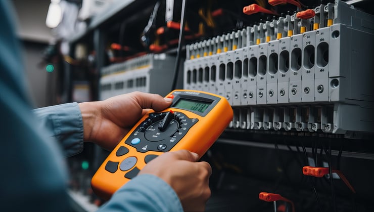 Techniker misst mit Multimeter an Sicherungskasten in Schaltschrank - Digital Twin Facility Management