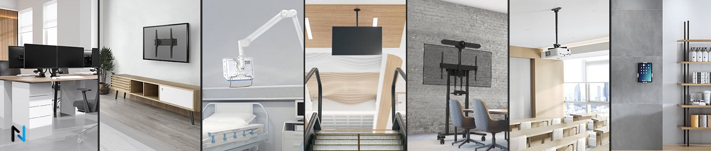 Ein Bild mit modernes Büro verfügt über einen Neomounts TV-Ständer und Computerarbeitsplätze.