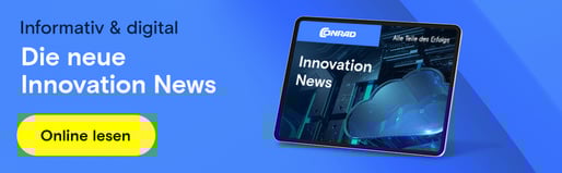 Ein Tablet auf dem die Startseite der Conrad InnoNews zu sehen ist. Links daneben ein Button mit Onlien lesen und der Link führt zu den InnoNews.