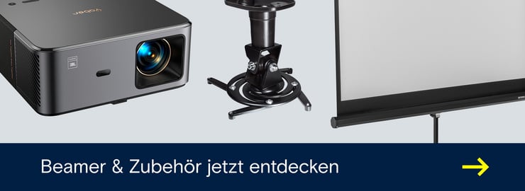 Werbegrafik mit Beamer, Deckenhalterung und Projektionsleinwand sowie dem Text ‚Beamer & Zubehör jetzt entdecken‘.