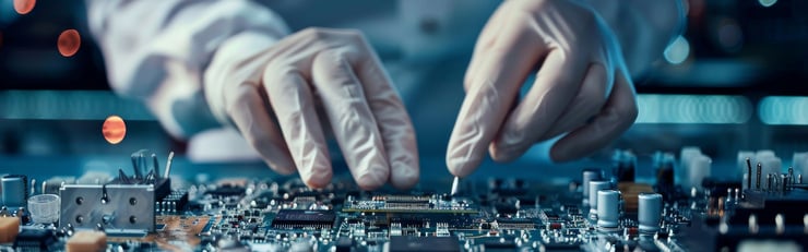 Nahaufnahme von behandschuhten Händen, die präzise an einer Leiterplatte mit elektronischen Bauteilen arbeiten