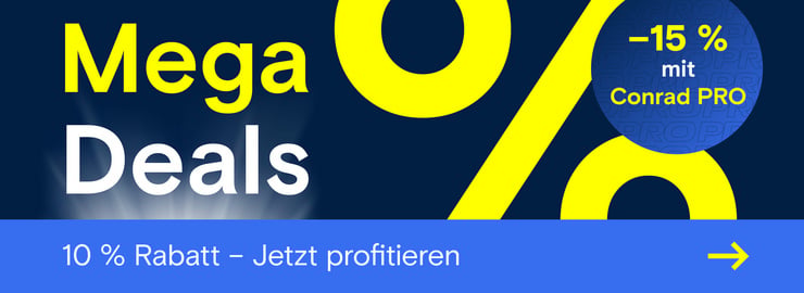 Werbebanner zu den Mega Deals mit 10 % Rabatt, 15 % Rabatt mit Conrad PRO und dem Hinweis „Jetzt profitieren“.
