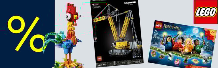 Mehrere Lego sets auf grauem Hintergrund mit einem %-Hinweis
