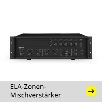 Das Bild zeigt einen schwarzen Monacor ELA-Zonen-Mischverstärker mit zahlreichen Drehknöpfen, Schaltern und Anschlüssen auf der Vorderseite vor einem weißen Hintergrund, unter dem sich ein grauer Balken mit der weißen Aufschrift "ELA-Zonen-Mischverstärker" und einem gelben Pfeil nach rechts befindet.