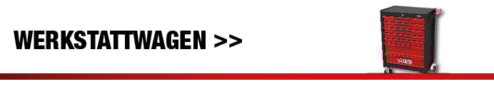 Produktgrafik eines klassischen, rot-schwarzen KS Tools Werkstattwagens mit sieben stabilen Schubfächern neben dem Schriftzug „Werkstattwagen“.