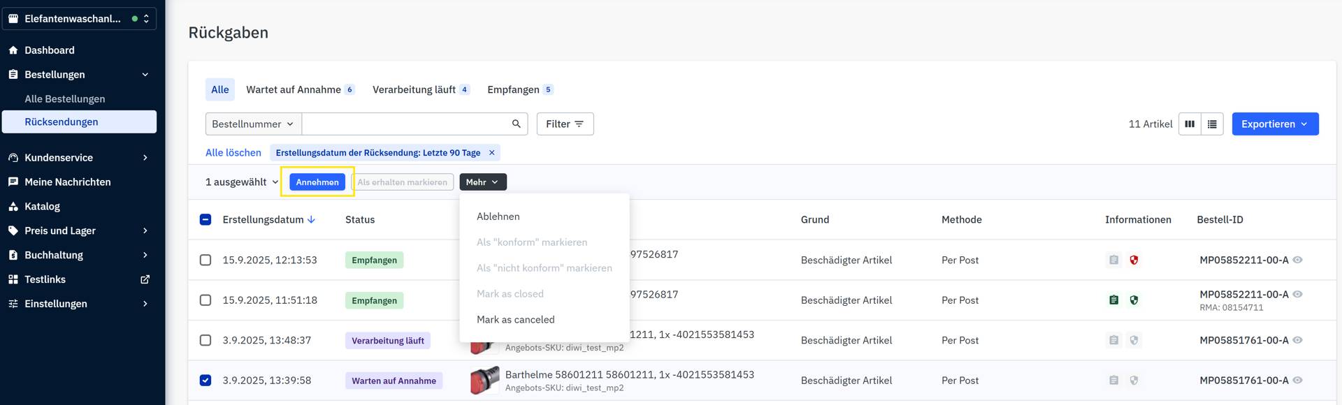Übersichtsseite Rücksendungen (Button Annehmen)