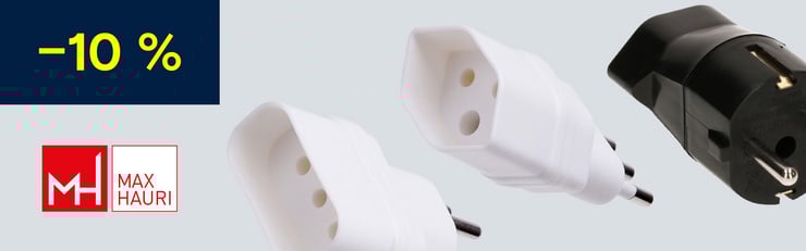 Werbebanner mit 10 % Rabatt auf professionelles Elektro-Equipment von Max Hauri