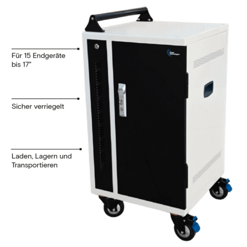 Vorderansicht eines geschlossenen, hellgrauen Desinfektions- und LadEin mobiler, weißer Ladeschrank der Marke Power Technologies steht auf Rollen und bietet Platz zum sicheren Laden, Lagern und Transportieren von bis zu 15 Endgeräten.