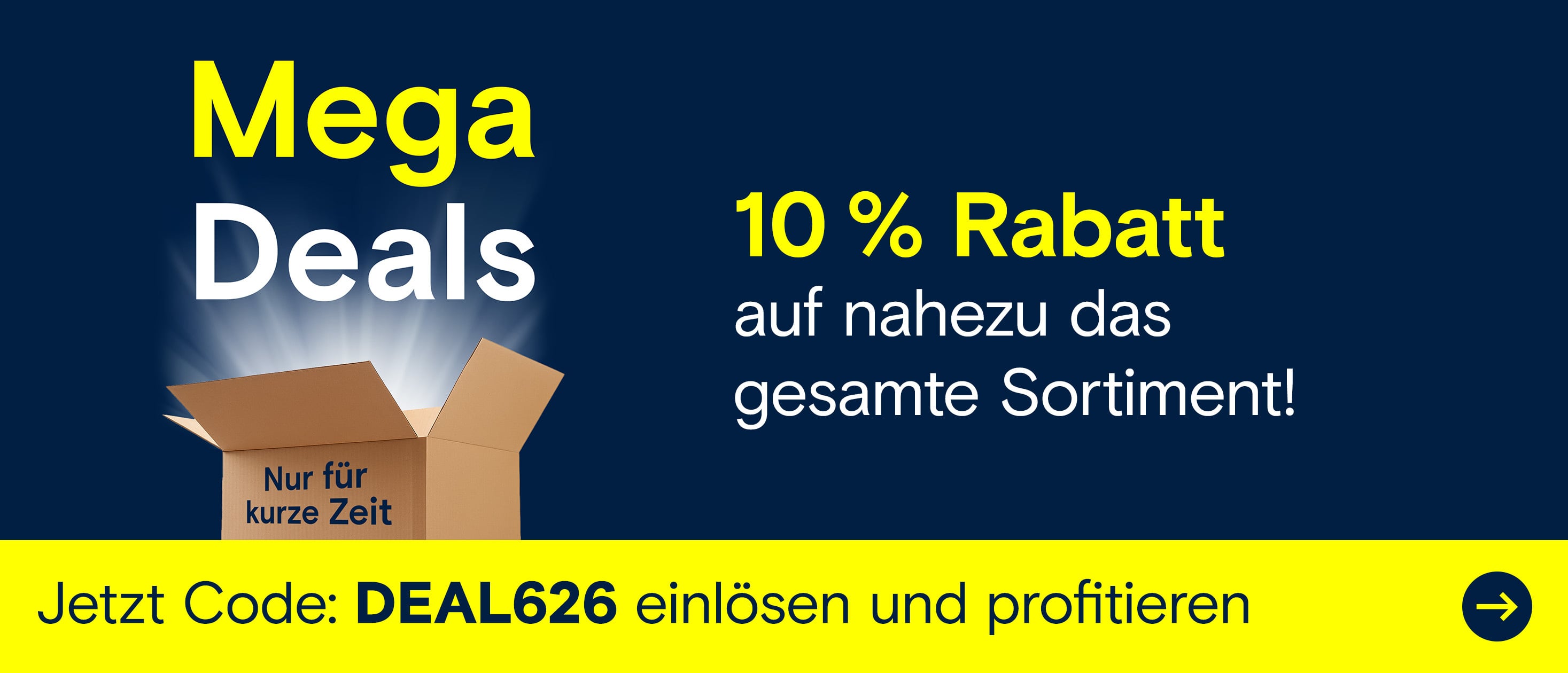 Banner „Mega Deals“ mit grossem Prozentzeichen als Symbol für Rabattaktionen.