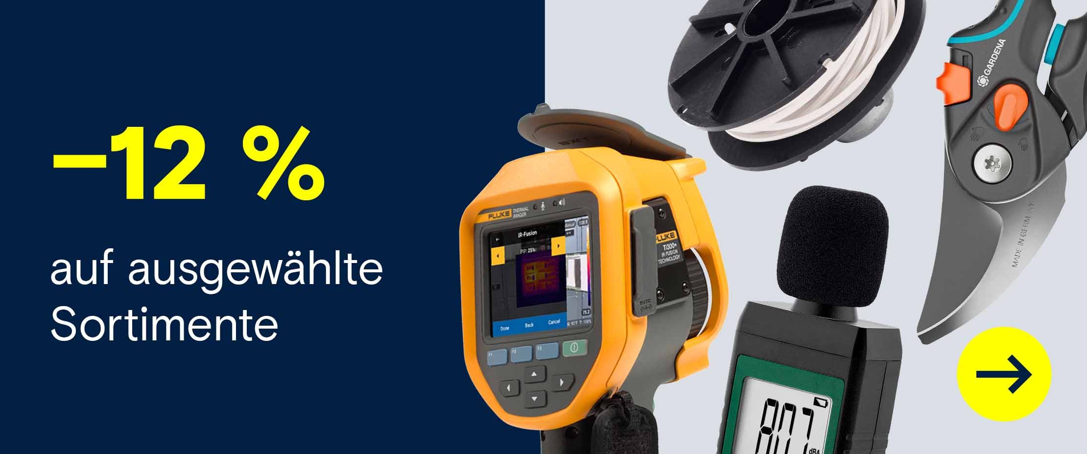 Werbebanner mit der Aufschrift „–12 % auf ausgewählte Sortimente“, dargestellt mit einer Fluke-Wärmebildkamera, einer Kabeltrommel, einem Schallpegelmessgerät und einem Abisolierwerkzeug.