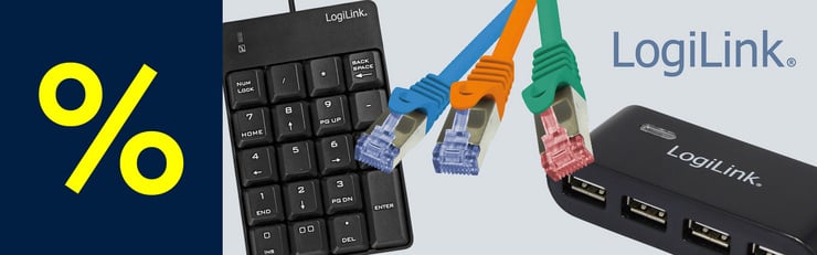 LogiLink-Zubehör wie Ziffernblock, Netzwerkkabel und USB-Hub neben gelbem Prozentzeichen auf dunkelblauem Hintergrund