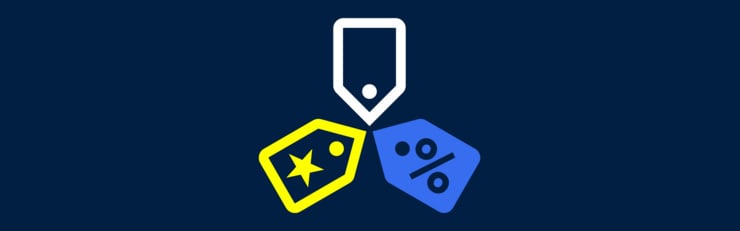 Werbebanner mit drei bunten Kärtchen auf hellblauen Hintergrund.
