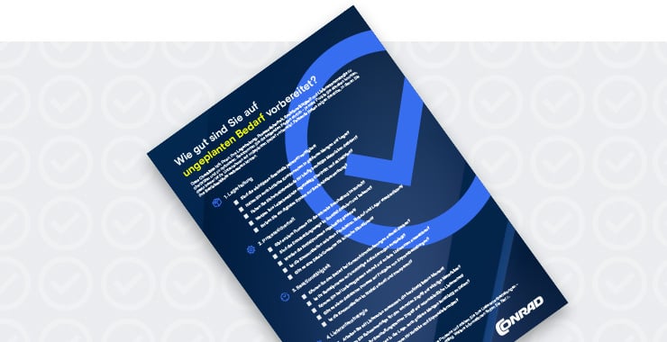 Checkliste zur Bedarfsplanung auf dunkelblauem Hintergrund, Liste mit Fragen zur Überprüfung und Optimierung von Lagerhaltung, Prozesssicherheit und Lieferantenstrategie, "Jetzt handeln" Button. Download Checkliste