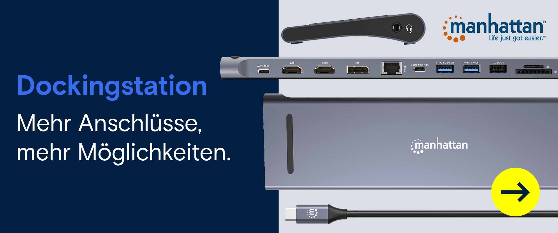 Manhattan Dockingstation mit zahlreichen Anschlüssen und USB-C-Kabel neben dem Text „Mehr Anschlüsse, mehr Möglichkeiten“.