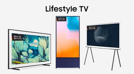 Drei Samsung Lifestyle-Fernseher in verschiedenen Designs (The Frame, The Sero und The Serif) mit künstlerischen Bildschirminhalten und dem „Made for Germany“-Logo unter dem Schriftzug „Lifestyle TV“.