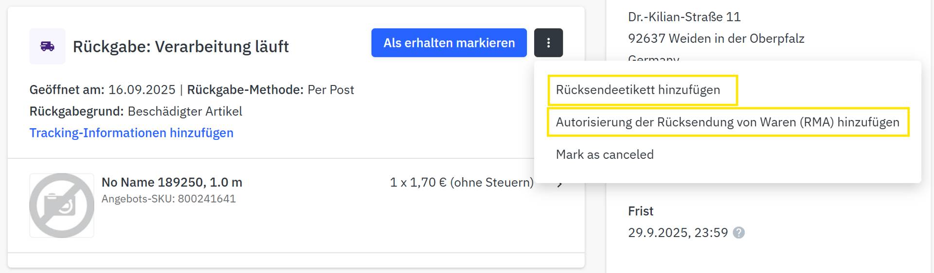 Rücksendeetikett oder RMA