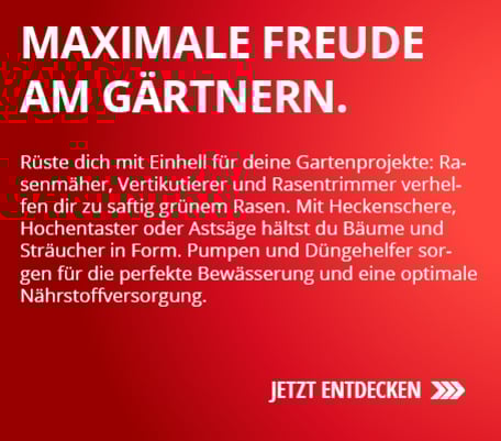 Bitte generiere mir zu folgendem Bild einen Alt-Text-Bildbeschreibung. Er soll das Bild für die korrekte Web-Auslesung der Barrierefreiheit präzise beschreiben. Die Beschreibung sollte nicht länger als ein Satz lang sein. Bitte schreibe in Deutsch.     Analyse Das Bild zeigt auf rotem Hintergrund den weißen Schriftzug "MAXIMALE FREUDE AM GÄRTNERN.", gefolgt von einem weißen Text über Gartenwerkzeuge von Einhell und unten rechts den weißen Call-to-Action "JETZT ENTDECKEN" mit einem Pfeilsymbol.