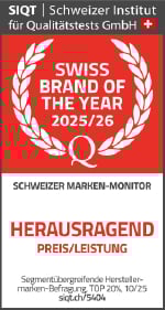 Logo Schweizer Marke des Jahres 2025/26 Text: Schweizer Marken-Monitor Herausragend in Preis / Leistung