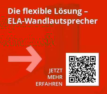 Das Bild zeigt auf einem roten, leicht gewellten Hintergrund in weißer Schrift die Überschrift "Die flexible Lösung - ELA-Wandlautsprecher", einen dicken, weiß-rosa Pfeil nach rechts, darunter zentriert die Worte "JETZT MEHR ERFAHREN" und rechts einen quadratischen QR-Code mit schwarzen und weißen Blöcken.