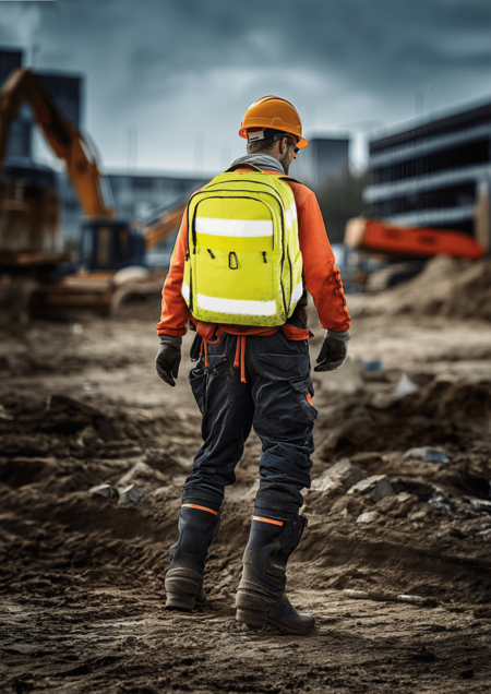 Ein Bauarbeiter mit gelbem Rucksack und Schutzhelm auf einer Baustelle.