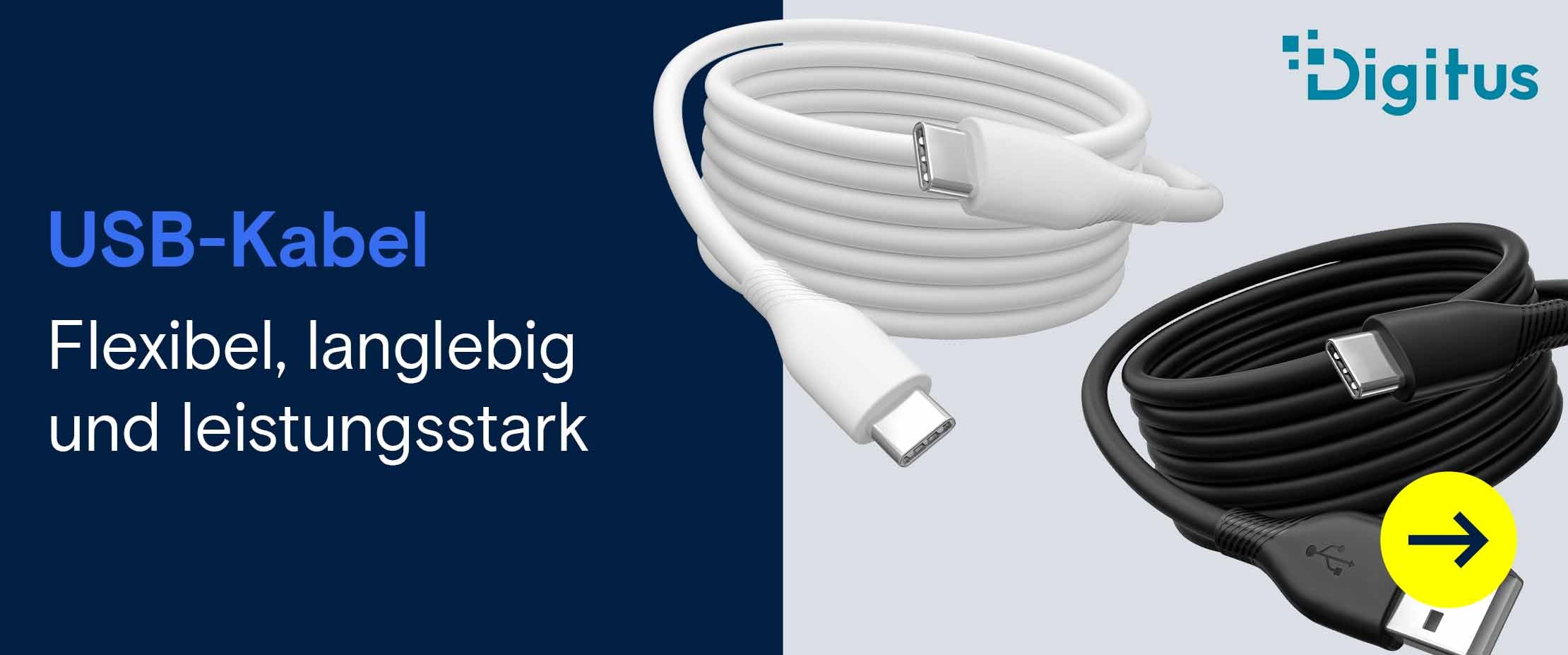 Weißes USB-C-Kabel und schwarzes USB-A-auf-USB-C-Kabel der Marke Digitus, jeweils aufgerollt dargestellt.