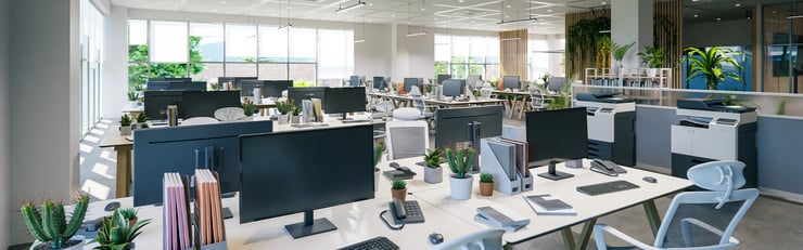 Ein offenes Büro mit komplettem Inventar und Ausstattung.