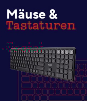 Eine Tastaturwerbung mit deutschem Text zeigt eine elegante schwarze Tastatur vor einem dunkelblauen Hintergrund.