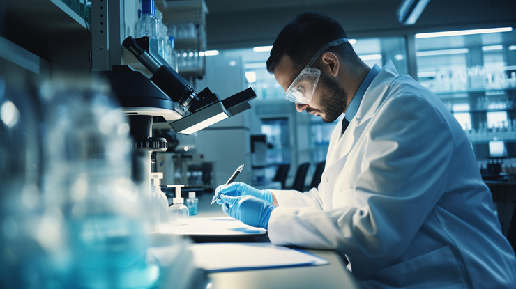 Wissenschaftler sitzt in einem GMP-konformen Labor und analysiert Probe