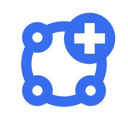 Blaues Icon von einem geschlossenen Kreis mit einem Kreuz oben rechts und 3 kleinen Kreisen verteilt.