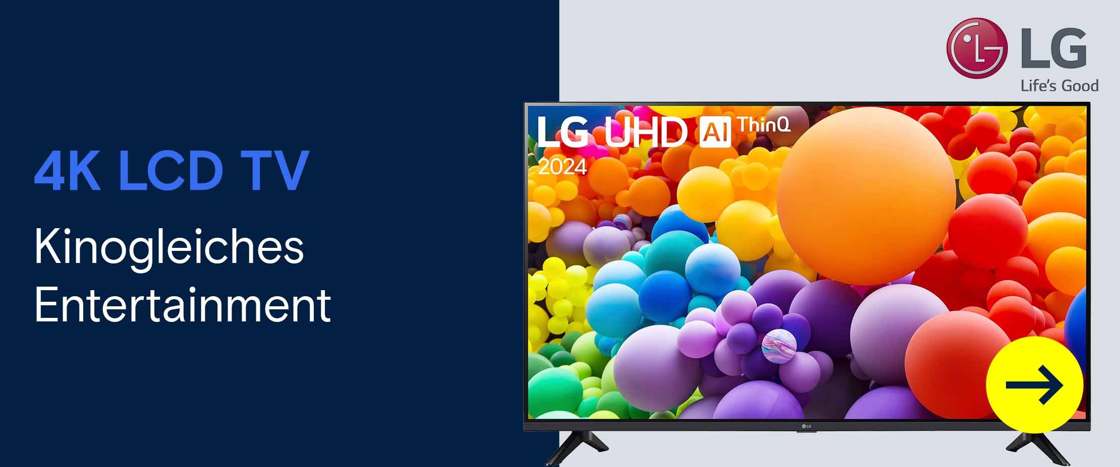 Werbegrafik mit einem LG 4K LCD TV, der farbenfrohe Inhalte zeigt, und dem Text „4K LCD TV – Kinogleiches Entertainment“.