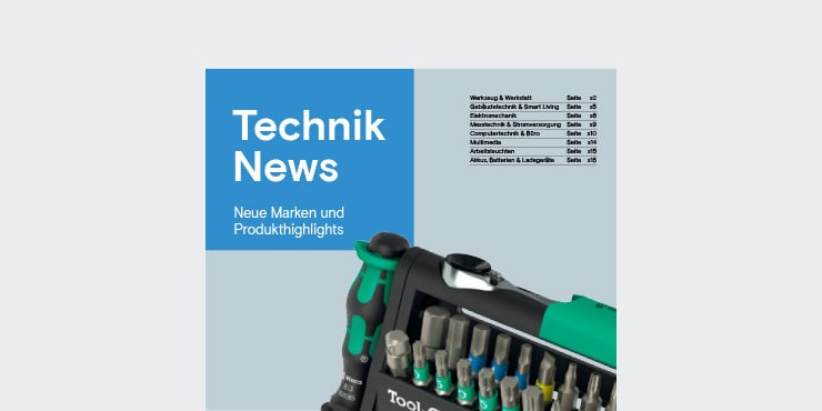 Vorderseite eines Katalogs mit der Aufschrift «Technik News» gemeinsam mit einem Bit-Set