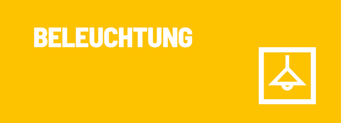 Ein gelber Banner mit dem weißen, in Großbuchstaben geschriebenen Wort „BELEUCHTUNG“ und einem weißen, quadratisch eingerahmten Symbol einer Hängelampe auf der rechten Seite.