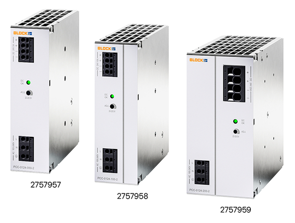 Drei industrielle Netzteile der Marke Block mit Anschlüssen und Modellnummern sind abgebildet.