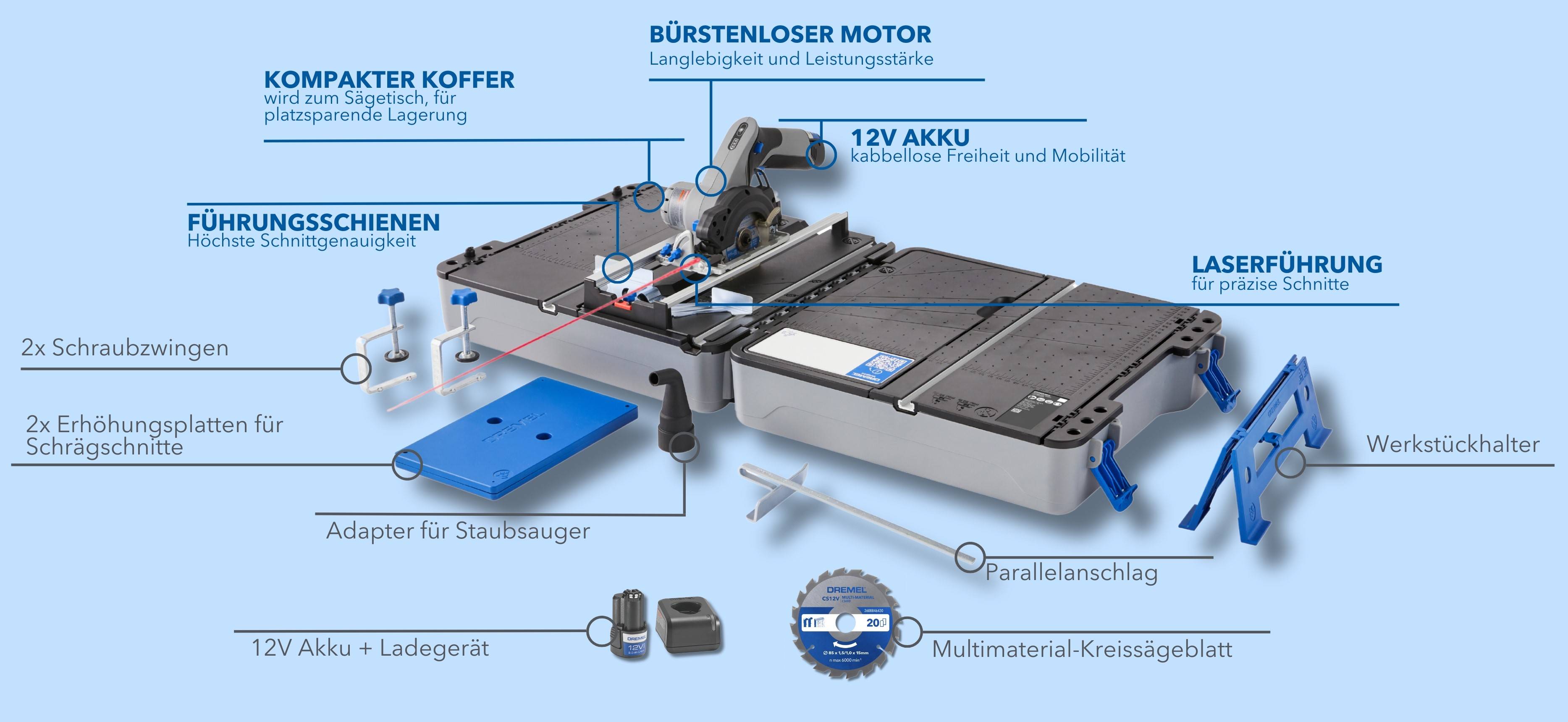in bild des Dremel Mobile Sägestation CS12V-S1C Kreissäge + Sägetisch-Koffer mit Erklärung und Inhalt
