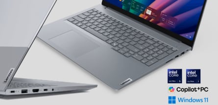 Produktgrafik eines silbernen Lenovo-Laptops aus verschiedenen Blickwinkeln, ergänzt durch Logos für Intel Core Ultra, Copilot+ PC und Windows 11.